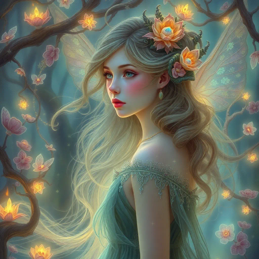 ethereal girl, vivid imagination, intricate detail, inspired by Brian Froud, whimsical, enchanted forest, glowing aura, soft pastel colors, flowing lines, surreal atmosphere, ethereal beauty, mythical creatures, dynamic composition, dreamlike ambiance, mysterious allure, delicate textures, harmonious balance, fairytale inspiration, enchanted realism, artistic elegance, magical realism