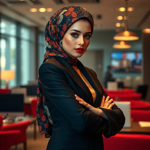 elegant Arab woman, professional attire, hijab, modern workplace, high heels, contrasting cultural fusion, vibrant Middle Eastern influences, contemporary art style, dynamic composition, intricate patterns, vibrant color palette, soft ambient lighting, dynamic posing, cultural expression, delicate textiles, confident and empowering presence, grace, poise, diverse representation, fusion of modern and traditional elements, Impressionism influences, human form depiction, advanced digital techniques, refined textures, bold symbolism, artistic influences, balance, harmony, surreal lighting, empowered femininity, Gustav Klimt inspiration, Art Nouveau elegance, intricate detailing, cultural narrative, sophisticated sophistication, modernism, representation and empowerment