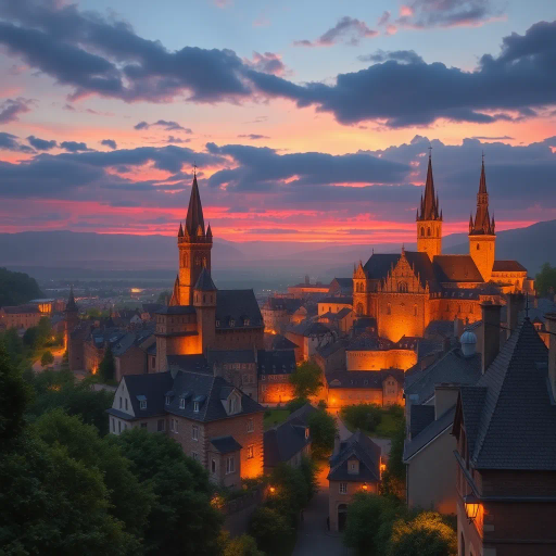 medieval cityscape, glowing twilight, perched on hilltop, vibrant colors, Claude Lorrain influence, golden hour lighting, ethereal atmosphere, lush landscapes, towering spires, intricate architecture, cobblestone streets, panoramic views, sweeping vistas, rich texture, romanticism, detailed engravings, enchanting aura, timeless beauty, serene ambiance, historical roots, narrative storytelling, mystical realm, elevated perspective, imaginative vision