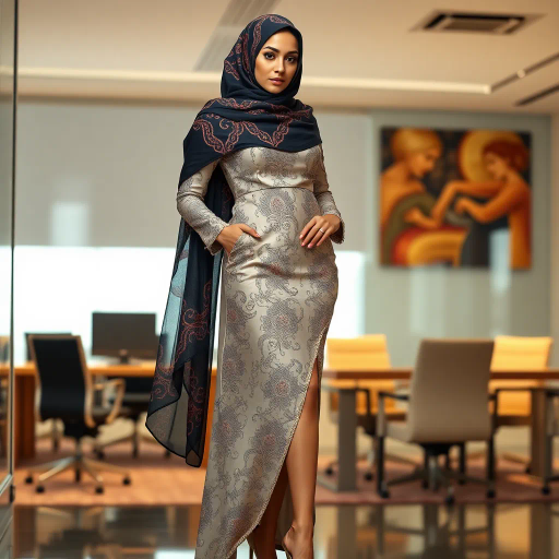 Arab woman, elegant hijab, professional setting, modern workplace, high heels, Middle Eastern culture, contemporary art, intricate patterns, vibrant colors, soft lighting, dynamic pose, cultural expression, delicate fabrics, office environment, confident demeanor, sophisticated fashion, grace and poise, diverse representation, cultural fusion, empowerment, modernism, Impressionism influences, human form, balance and harmony, Claude Monet, Gustav Klimt, vibrant palette, intricate design, cultural motifs, modernist composition, ethereal atmosphere, luminous textures, dynamic symmetry, contemporary elegance, artistic expression, cultural heritage, visual storytelling, emotive presence, urban aesthetic, Eastern artistry, confident storytelling