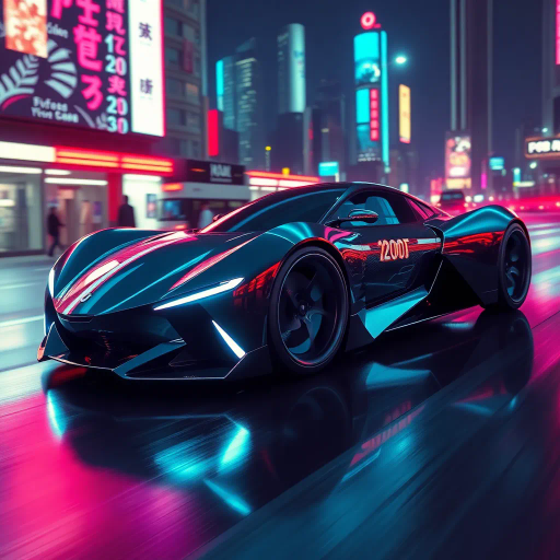 sleek futuristic automobile, inspired by Syd Mead, cybernetic aesthetic, dynamic movement, vibrant neon lights, high contrast shadows, aerodynamic curves, metallic and glossy textures, immersive depth, innovative design, urban landscape backdrop, night setting, bold color palette, capturing speed and energy, seamless integration, avant-garde, technological elegance, dramatic angles, expansive composition