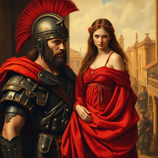 Visigothic warrior, Roman lady, Sack of Rome 410CE, epic historical scene, dramatic lighting, chiaroscuro, intricate armor details, flowing Roman garments, realism, dynamic composition, intense mood, historical figures, late antiquity, turbulent atmosphere, powerful symbolism, conflict and culture clash, intense emotions, classical architecture, ruin and decay, grand scale, meticulous textures, tension and movement, aged patina, historical authenticity, evocative storytelling, warriors in action, contrast and harmony, rich color palette, accurate period costumes
