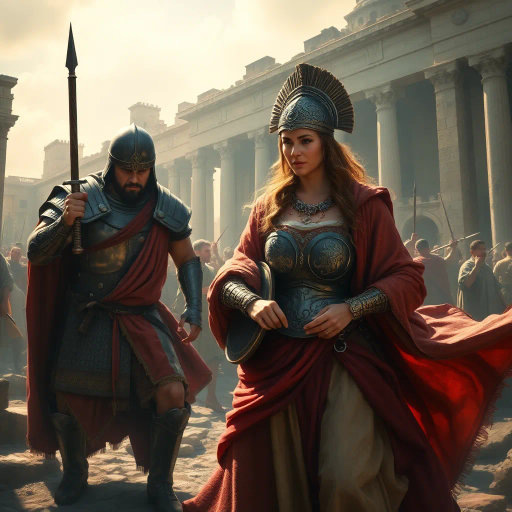 Visigothic warrior, Roman lady, Sack of Rome 410CE, epic historical scene, dramatic lighting, chiaroscuro, intricate armor details, flowing Roman garments, realism, dynamic composition, intense mood, historical figures, late antiquity, turbulent atmosphere, powerful symbolism, conflict and culture clash, intense emotions, classical architecture, ruin and decay, grand scale, meticulous textures, tension and movement, aged patina, historical authenticity, evocative storytelling, warriors in action, contrast and harmony, rich color palette, accurate period costumes