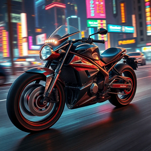 futuristic motorcycle, sleek design, dynamic movement, vibrant neon lighting, retro-futurism aesthetics, Ralph McQuarrie influence, cyberpunk cityscape, speed and energy, chrome finishes, intricate mechanical details, kinetic composition, bold contrasts, urban night setting, digital rendering techniques, motion blur, concept art, streamlined form, synthetic materials, high contrast shadows, immersive environment, Akira inspiration, Blade Runner ambiance, luminous reflections, electric hues, cutting-edge technology, pulsating vibrancy, cinematic angles, futuristic metropolis, dusk ambiance, Ralph McQuarrie, Ridley Scott influence, neon glow, vivid palette, avant-garde styling, hyper-realistic textures, urban futurism, narrative depth, emotive lighting, architectural grandeur