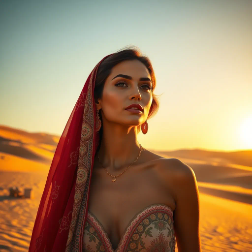 Arab beauty, modern elegance, desert oasis, golden hour lighting, Henri Matisse, Yves Saint Laurent, vibrant colors, intricate patterns, delicate textures, sun-kissed skin, exotic allure, cultural richness, flowing lines, sensual movement, warm tones, harmonious composition, romantic ambiance, visual poetry, timeless grace, captivating allure, seductive composition, ethereal mood, desert mirage, artistic flair, Arabic cultural motifs, expressive body language, chiaroscuro lighting, sleek silhouettes, luxurious textures, feminine power, refined grace, Vermeer-inspired, contemporary realism, poised demeanor, artistic serenity, dynamic perspective