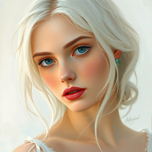 ethereal portrait, medium white hair, delicate brush strokes, inspired by John Singer Sargent, soft lighting, impressionism, pastel hues, elegant composition, detailed textures, serene expression, airy background, elegant pose, baroque influences, contemporary twist, soft focus, intimate gaze, harmonious color palette, gentle movement, emotive atmosphere, timeless beauty, sophisticated aura, subtle elegance, dreamlike quality, intricate details, subtle storytelling