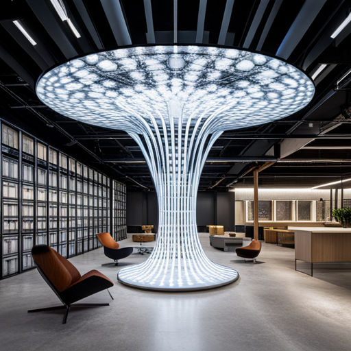 AI assistants, holographic projections, minimalism, monochromatic, futuristic architecture, advanced robotics, augmented reality, hybrid workspaces, urbanization, sustainable design, remote collaboration, sleek and ergonomic furniture, dynamic lighting, fluidity, efficiency, machine learning, global interconnectedness
