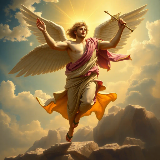 Hermes, Greek god, divine messenger, wings on sandals, caduceus, swift movement, dynamic pose, classical antiquity, mythological figure, spiritual journey, open sky, ethereal glow, lively expression, flowing robes, bronze sheen, golden highlights, Hermes Trismegistus, Roman frescoes, Homeric influence, celestial ambiance, divine radiance, Olympian grandeur, Renaissance elegance, masterful brushwork, majestic presence, fluid motion, wind-swept landscape, Michelangelo, baroque drama, celestial tapestry, chiaroscuro lighting, mythic narrative, historical symbolism, cosmic perspective, atmospheric depth, mythical elegance, transcendental power, emotion-laden storytelling, allegorical motif, timeless scale, ancient mythology, artistic symbolism, celestial themes, elegant visual representation, spiritual transcendence