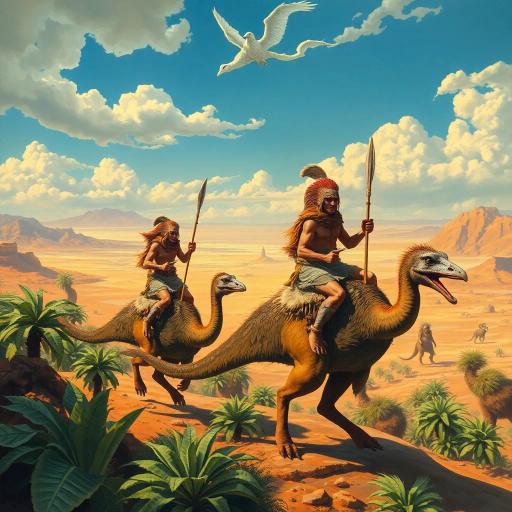 prehistoric warriors, clad in animal skins, riding dinosaur-like cassowaries, oasis setting, expansive desert horizon, vibrant colors, dramatic lighting, Jean Giraud and Maxfield Parrish influences, dynamic movement, surreal landscape, intricate textures, ancient mythology, mythological narrative, cinematic framing, epic scale, whimsical creatures, prehistoric flora, Maurice Sendak style, adventurous spirit, paleontological fantasy, exotic flora, lavish detailing, Henri Rousseau echoes, imaginative world-building, ethereal atmosphere, storytelling composition, expressive brushstrokes, adventurous mood, untamed wilderness, primal energy, picturesque expanse, convergence of eras, richly textured surfaces, fusion of history and fiction, fantastical creatures, time-travel themes, prehistoric fantasy, mystical aura