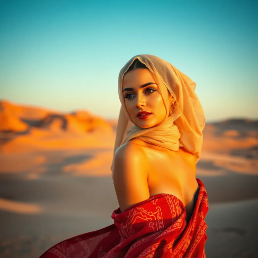 captivating Arab beauty, Henri Matisse and Yves Saint Laurent inspiration, modern elegance, desert oasis backdrop, golden hour and chiaroscuro lighting, vibrant and warm earth tones, intricate patterns, delicate and luxurious textures, sun-kissed skin, exotic allure, cultural richness, flowing and sensual movement, feminine power, harmonious and romantic composition, visual poetry, timeless grace, captivating portraits, seductive and ethereal mood, desert mirage, Arabic cultural motifs, expressive body language, sophisticated minimalism, textured contrast, contemporary realism, poised demeanor, artistic serenity, dynamic perspective, Vermeer-inspired composition, sleek silhouettes, artistic flair, refined grace