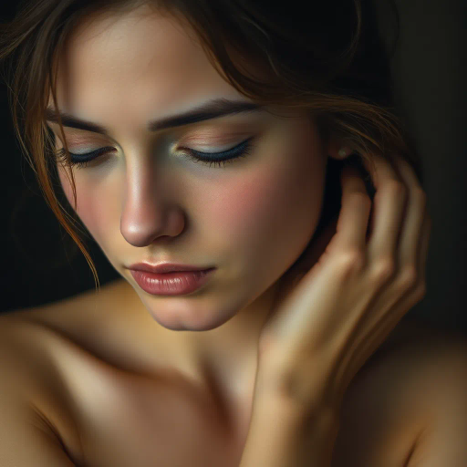 realism, vulnerable beauty, intricate detail, chiaroscuro lighting, soft pastels, intimate portrait, serene expression, classical influence, human form, emotional depth, natural textures, warm tones, gentle composition, timeless elegance, subtle shadows, delicate framing, Renaissance revival, evocative atmosphere, harmonious balance, delicate features