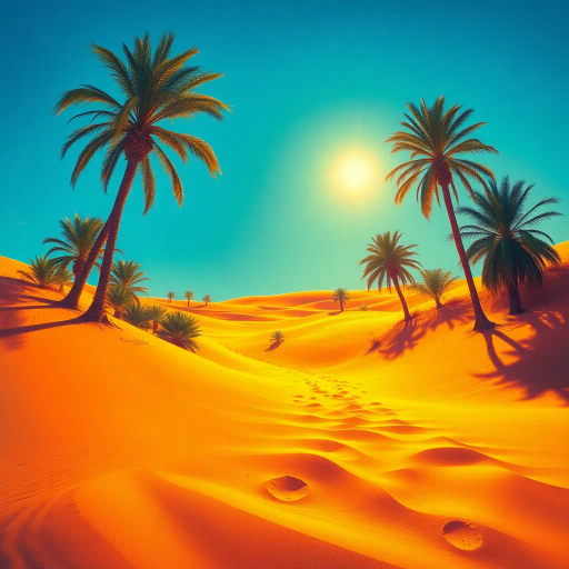 Serene, desert landscape, flowing sands, vibrant, Middle-Eastern motifs, intricate, arabesque patterns, striking color palette, azure skies, golden sands, gently swaying palms, cultural fusion, Henri Rousseau, Henri Matisse, warm lighting, dreamlike, mystical atmosphere, immersive perspective, delicate fabrics, flowing lines, vibrant details, elegance, grace, dynamic composition, tranquil ambiance, sunlit scene, artistic synthesis, exotic, bold textures, ornate, symbolism, lush, art nouveau, ethereal