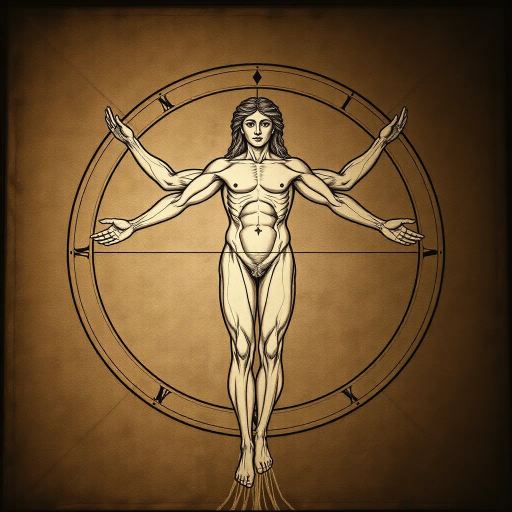 Renaissance inspiration, Leonardo da Vinci, Vitruvian motifs, symmetry, human anatomy, intricate line work, inventive perspective, chiaroscuro lighting, dynamic composition, sepia tones, classical influences, harmonious balance, architectural elements, symbolic depth, detailed textures, expressive gestures, historical homage
