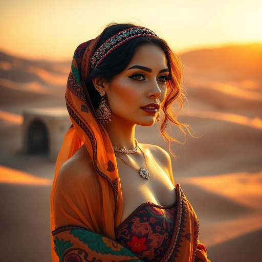 Arab beauty, captivating allure, Henri Matisse-inspired, modern elegance, desert oasis backdrop, golden hour lighting, vibrant colors, intricate patterns, delicate textures, sun-kissed skin, exotic allure, cultural richness, flowing lines, sensual movement, warm tones, harmonious composition, romantic ambiance, visual poetry, timeless grace, artistic expression, enchanting aura, seductive composition, ethereal mood, desert mirage, exotic elegance, artistic flair, Arabic cultural motifs, chiaroscuro, fluid forms, ornamental designs, light and shadow play, mystic desert scene, symbolic elements, painterly style, captivating portraits, Henri Matisse influence