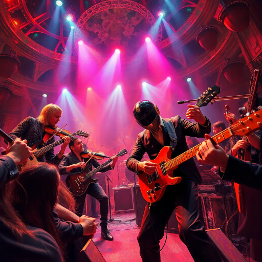 symphony, electric guitars, vibrant energy, Daft Punk influence, Baroque elements, chiaroscuro lighting, dynamic composition, pulsating colors, metallic textures, rock and roll, emotional crescendo, wide-angle perspective, movement and rhythm, cultural fusion, large scale venue, sculptural elements, atmospheric effects, expressive brushstrokes, rhythmic lines, contemporary symphony, immersive experience