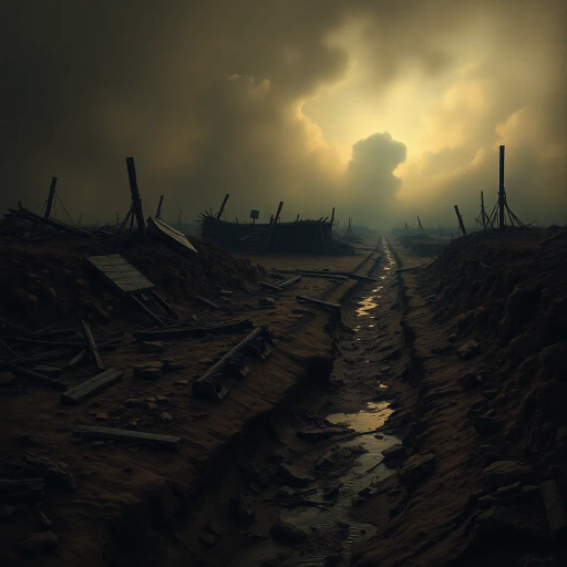 haunting landscape, ruinous earth, trench war remnants, muddy textures, smoke-infused skies, somber atmosphere, historical echoes, dramatic chiaroscuro, intricate details, Ernst Ludwig Kirchner influence, expressionist undertones, desolate expanse, symbolism of conflict, muted earth tones, organic compositions, narrative storytelling, ethereal light, ominous horizon, atmospheric perspective, reflective surfaces, evocative emotional depth, war-torn memories, juxtaposition of life and decay, cultural memory