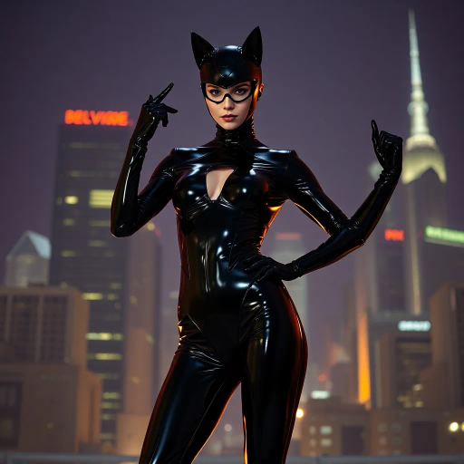 sleek black catsuit, futuristic design, high gloss finish, inspired by H.R. Giger, cyberpunk aesthetics, neon highlights, dynamic pose, high contrast lighting, urban skyline backdrop, night scene, seductive elegance, tailored edges, minimalistic texture, sci-fi influence, alluring silhouette, dramatic shadow play, hints of armor, cutting-edge fashion, blending technology with style, bold and captivating composition