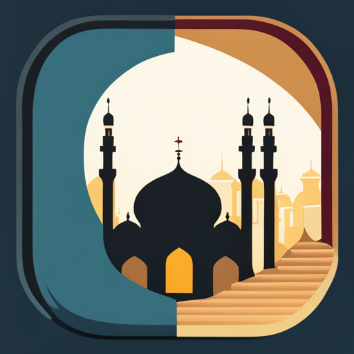 symbolic masjid, rounded border, border shadow, clock, time 04:10, caption, 7 minutes walking distance, location