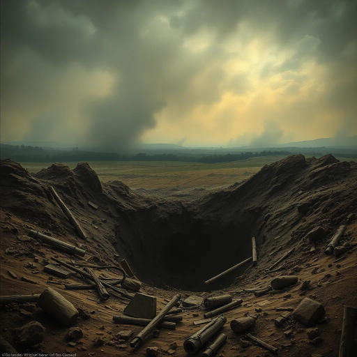 WW1 shell hole, haunting landscape, ruinous earth, trench war remnants, muddy textures, smoke-infused skies, somber atmosphere, historical echoes, dramatic chiaroscuro, war-torn memories, intricate details, Ernst Ludwig Kirchner influence, expressionist undertones, desolate expanse, juxtaposition of life and decay, symbolism of conflict, muted earth tones, organic compositions, narrative storytelling, ethereal light, ominous horizon, atmospheric perspective, reflective surfaces, cultural memory, evocative emotional depth