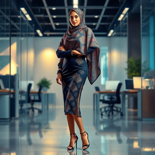 elegant Arab woman, intricately designed hijab, modern professional environment, vibrant workplace, high-fashion heels, Middle Eastern cultural motifs, contemporary artistic flair, complex patterns, vivid color palette, soft ambient lighting, dynamic and poised stance, expressive cultural elements, delicate textile textures, sleek office backdrop, confident and dignified presence, sophisticated fashion aesthetic, embodiment of grace and poise, diverse cultural representation, dynamic cultural fusion, empowerment and modernism, Impressionism inspired, refined human form, balance and harmony in composition, digital artistry