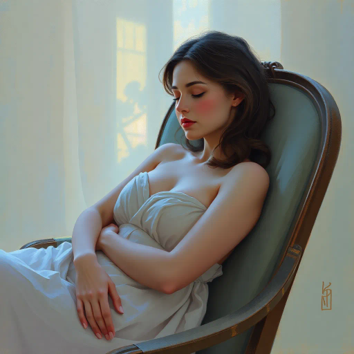 tranquil scene, woman, sleeping, seated on chair, delicate posture, soft ambient light, serene expression, gentle repose, impressionist touch, pastel colors, dreamlike atmosphere, elegant curves, calming mood, ethereal glow, romanticism, calm tranquility, subtle shadows, relaxed muscles, atmospheric depth, peaceful dreamscape, soothing composition, reposed stillness, intimate setting, classical influence, fine details, harmonious balance, reflective bliss, soothing aura, Claude Monet, soft brushstrokes, warm highlights, tender ambiance, Impressionism, vivid textures, gentle play of light, serene solitude, artistic grace, muted whispers of color