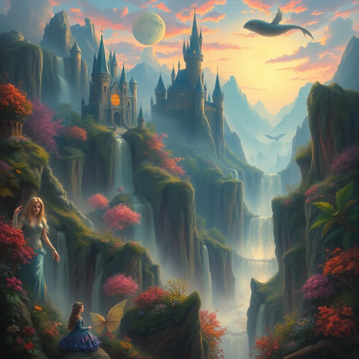 epic fantasy realm, vibrant colors, ethereal glow, enchanted forest, mythical creatures, cascading waterfalls, towering castles, Claude Monet, Art Nouveau, soft brushstrokes, mystical ambiance, twilight, moonlit shadows, shimmering light, grand vistas, surreal landscape, intricate details, magical realism, expansive horizons, ancient ruins, whimsical flora, dreamlike atmosphere, folklore inspired, enchanting tapestry, lush greenery, delicate textures