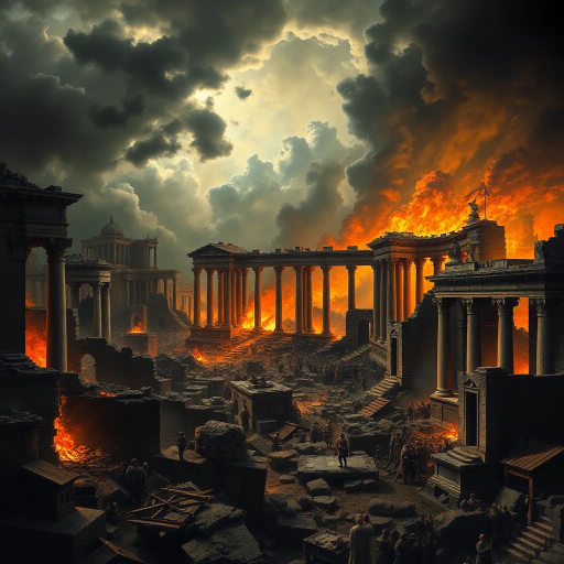 Visigoths, ancient Rome, chaotic cityscape, dramatic lighting, chiaroscuro, tumultuous emotions, historical drama, vivid storytelling, Alaric I, dark, somber tones, rubble and ruins, intricate detail, historical textiles, Renaissance influence, dynamic composition, expressive brushwork, historical artifacts, cultural collision, atmospheric tension, turbulent skies, Baroque intensity, rich textures, epic scale, classical architecture, aura of desolation, historical narrative, monumental scale, layers of history, pathos and loss