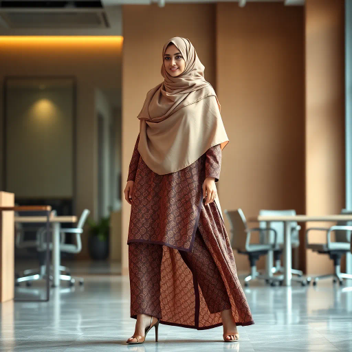 elegant Arab lady, wearing a hijab, at work, professional setting, high heels, modern office environment, intricate patterns, Middle Eastern cultural influence, dynamic composition, soft color palette, warm lighting, attention to detail, expressive posture, contemporary fashion, balance of tradition and modernity, subtle elegance, reflective mood, sophisticated atmosphere, artistic representation, symbolic strength, nuanced textures, harmonious blend of elements