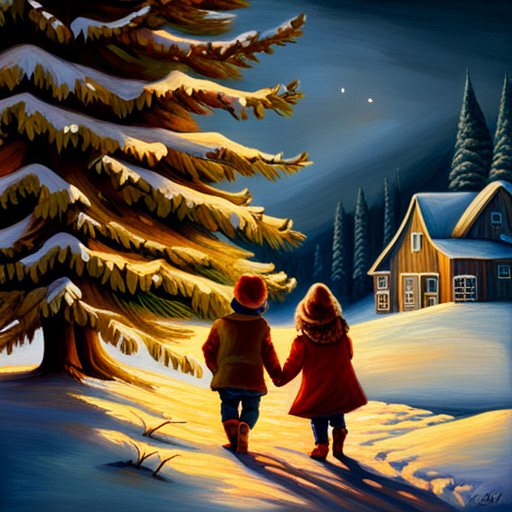 Winter, Children, Christmas Tree, Painting, Vintage, Oil on Canvas, Art, Holiday, Snow, Cozy, Nostalgia, Traditional, Landscape, Winter Scene, Festive, Warm Glow, Delicate Brushstrokes, Rich Colors, Classic Technique, Timeless, Charming, Playful, Joyful, Magical, Traditional Medium, Soft Lighting, Romantic, Detailed, Evocative, Storytelling, Innocence, Wonder, Curiosity, Memory, Anticipation