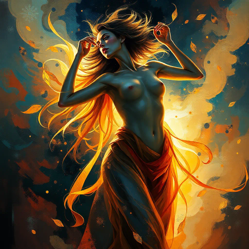 ethereal elegance, modern surrealism, female figure, light and shadow interplay, luminous brushstrokes, vivid color palette, chiaroscuro, expressive emotion, dynamic pose, Renaissance influence, Post-impressionist textures, abstract patterns, cultural tapestry, cosmic background, intricate details, flowing lines, soft gradients, harmony and balance, contemporary interpretation, evocative presence, transformational energy, mysticism, bold contrasts, figurative abstraction