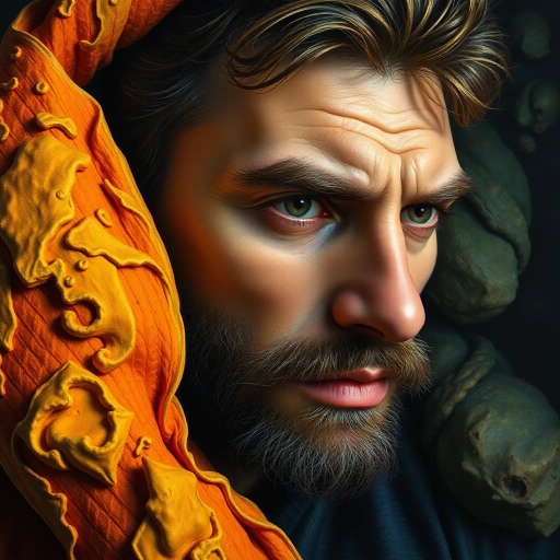 hyper-realism, detailed composition, striking color contrast, chiaroscuro lighting, natural textures, lifelike representation, vibrant hues, rich tone palette, intricate details, realism techniques, visual storytelling, emotional depth, dynamic perspective, human elements, precise framing, depth of field, Van Gogh influences, luminescent highlights, 21st century, authenticity, timeless elegance, evocative expression, sculptural forms, serene mood, complex narratives, visual poetry