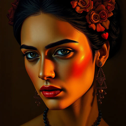 captivating portrait, Frida Kahlo influence, surrealism, chiaroscuro lighting, rich earth tones, vibrant colors, smooth textures, digital painting, expressive brushwork, intense emotion, cultural richness, introspective gaze, contemporary twist, lush hair, dynamic composition, warm ambiance, intricate details, symbolic elements, bold contrasts, artistic depth, sleek elegance, harmonious balance