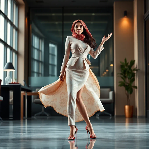Arab lady, hijab, professional setting, elegance, modern workplace, high heels, grace, long legs, contemporary fashion, vibrant colors, Henri Matisse, impressionistic lighting, cultural fusion, confident composition, smooth textures, chic office attire, dynamic pose, minimalistic design, elegance, bustling office, refined aesthetics, empowerment, subtle sophistication, urban environment, creative space, harmony in diversity, timeless beauty, lateral perspective, graceful movement, cross-cultural artistry, sleek lines