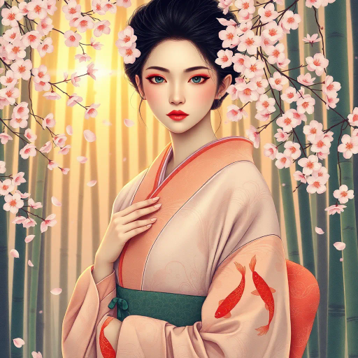 ethereal Japanese woman, serene expression, kimono, ukiyo-e art style, soft pastel colors, sakura blossoms, delicate brushwork, traditional Japanese aesthetics, Edo period, Yōkai folklore influences, golden hour lighting, intricate fabric patterns, elegant pose, cultural symbolism, bamboo forest, subtle movement, Cherry blossom petals swirling, tranquil atmosphere, koi fish motifs, refined elegance, mysterious allure, timeless beauty, nature harmony