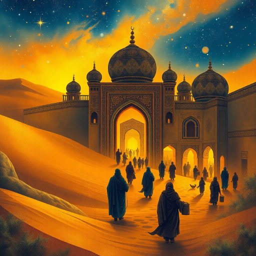 ancient desert realms, Middle Eastern motifs, intricate patterns, vibrant textiles, golden dunes, Arabian nights, mystical ambiance, genie legends, ornate architecture, minarets, starry skies, exotic spices, warm desert winds, deep blue and gold palette, rich cultural tapestry, storytelling tradition, flowing robes, caravans, market bazaar, nomadic lifestyle, historical sagas, legendary tales, oriental elegance, enchanting melodies