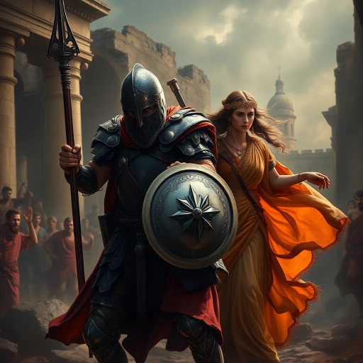Visigothic warrior, Roman lady, Sack of Rome 410CE, epic historical scene, dramatic lighting, chiaroscuro, intricate armor details, flowing Roman garments, realism, dynamic composition, intense mood, historical figures, late antiquity, turbulent atmosphere, powerful symbolism, conflict and culture clash, intense emotions, classical architecture, ruin and decay, grand scale, meticulous textures, tension and movement, aged patina, historical authenticity, evocative storytelling, warriors in action, contrast and harmony, rich color palette, accurate period costumes