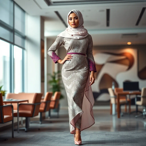 Arab woman, elegant hijab, professional setting, sophisticated fashion, modern workplace, high heels, Middle Eastern culture, contemporary art, intricate patterns, vibrant colors, soft lighting, dynamic pose, cultural expression, delicate fabrics, confident demeanor, grace and poise, diverse representation, cultural fusion, empowerment, modernism, Impressionism influences, human form, balance and harmony, vibrant color palette, dynamic composition, cultural integration, artistic elegance, workplace scene, poised elegance, digital medium, contemporary elegance