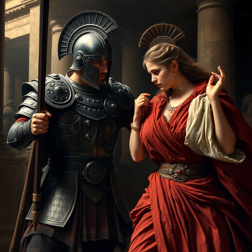 Visigothic warrior, Roman lady, Sack of Rome 410CE, epic historical scene, dramatic lighting, chiaroscuro, intricate armor details, flowing Roman garments, realism, dynamic composition, intense mood, historical figures, late antiquity, turbulent atmosphere, powerful symbolism, conflict and culture clash, intense emotions, classical architecture, ruin and decay, grand scale, meticulous textures, tension and movement, aged patina, historical authenticity, evocative storytelling, warriors in action, contrast and harmony, rich color palette, accurate period costumes