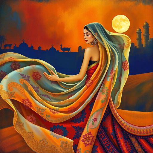 graceful, serene, Arabian nights, vibrant colors, intricate patterns, exotic allure, Henri Matisse, oriental romance, warm desert hues, flowing fabric, intricate embroidery, moonlit glow, sensuality, cultural heritage, elegant, feminine mystique, detailed textures, soft lighting, artistic arabesque, timeless beauty, artistic harmony, vivid imagination, dreamy atmosphere, inspired by Middle Eastern art