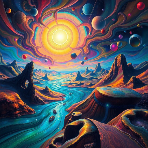 surreal landscape, Salvador Dalí inspiration, vibrant color palette, iridescent lighting, dreamlike atmosphere, intricate details, abstract forms, flowing motion, ethereal quality, expansive space, enigmatic symbolism, cosmic perspective, imaginative vision, modern technological elements, vivid textures