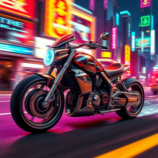 futuristic motorcycle, sleek design, dynamic movement, vibrant neon lighting, retro-futurism aesthetics, Ralph McQuarrie influence, cyberpunk cityscape, speed and energy, chrome finishes, intricate mechanical details, kinetic composition, bold contrasts, urban night setting, digital rendering techniques, motion blur, concept art, streamlined form, synthetic materials, high contrast shadows, immersive environment, futuristic vision, dazzling color palette, energetic lines, cyber aesthetics, urban symphony, visionary landscape, otherworldly ambiance, cutting-edge technology, luminous reflections