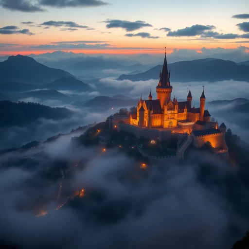 city on a hill, sweeping vistas, panoramic view, medieval architecture, romanticism, twilight glow, intricate towers, lush landscapes, misty atmosphere, mystical allure, ancient civilizations, dramatic lighting, fantasy setting, top-down perspective, rich color palette, Arthurian legends, detailed textures, magical realism, ethereal light, imaginative design, storytelling depth, symbolic hills, elevated positioning, enchanted realm, serene yet majestic