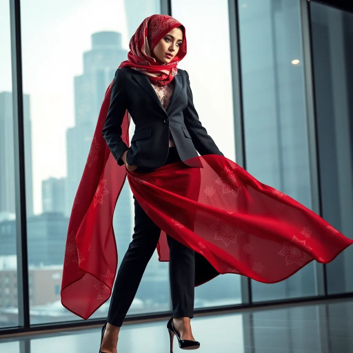 elegant Arab lady, sophisticated office environment, intricate hijab patterns, modern skyscraper backdrop, subtle cultural symbolism, vibrant color palette, corporate heels, realistic textures, poised and confident demeanor, dynamic movement, chiaroscuro lighting, contemporary Middle Eastern influence, professional attire, serene and focused atmosphere, detailed fabric drapery, refined line work, cosmopolitan vibe, artistic fusion of east and west