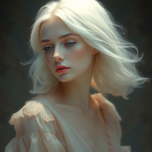 ethereal woman, medium white hair, whimsical, ethereal lighting, Vermeer influence, baroque hints, soft highlights, Renaissance elegance, surreal composition, pastel tones, gentle textures, smooth brushstrokes, delicate expressions, mid-century modern, serene mood, classical framing, flowing movement, introspective gaze, intricate patterns, harmony and balance, subtle symbolism, dreamlike atmosphere, palette of muted pastels, timeless elegance, intricate fabric details, soft chiaroscuro, gentle surrealism, emotional depth, visual poetry, art nouveau grace, tranquil ambiance, refined details, impressionistic touch, evocative charm