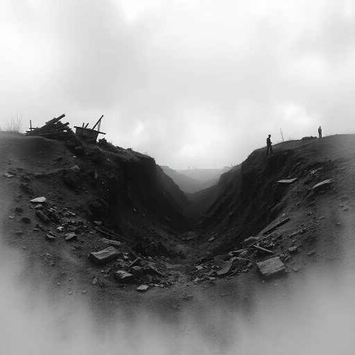 WW1 shell hole, devastated landscape, haunting atmosphere, monochrome tones, stark contrasts, trench warfare, soldiers, remnants, historical significance, artistic symbolism, wartime remnants, Claude Monet influences, impressionistic brushstrokes, destruction and renewal, scarred earth, emotional depth, chiaroscuro lighting, somber mood, surreal perspective, textural richness, misty air, century-old narrative, fragments of history, evocative presence