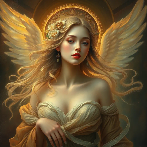 ethereal goddess, renaissance elegance, soft diffused lighting, baroque opulence, delicate brushwork, intricate details, warm color palette, mythical aura, classical beauty, surreal dreamscape, flowing lines, emotional depth, serene expression, renaissance master painters, timeless elegance, divine femininity, enchanting atmosphere, gentle motion, rich textures, poetic composition, harmonious balance, cultural allegory, idealized form, imaginative vision, spiritual essence