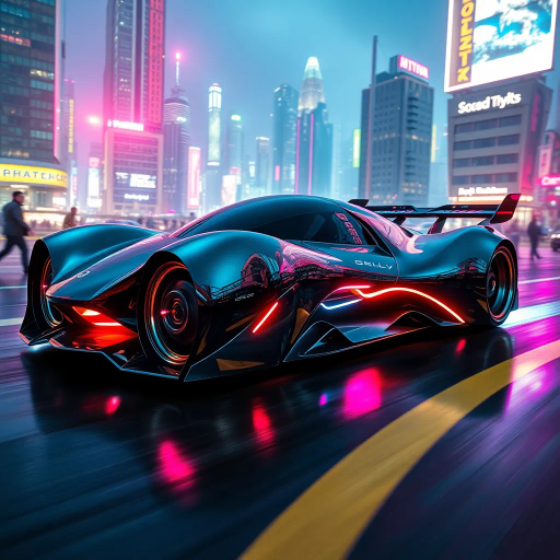 futuristic automobile, inspired by Syd Mead and H.R. Giger, cybernetic and synthwave aesthetic, dynamic motion and vibrant neon lights, aerodynamic and sleek curves, metallic and glossy textures, immersive depth in urban landscape backdrop, night setting with high contrast and dramatic angles, bold and vibrant color palette, capturing speed and energy, seamless technological integration, avant-garde and innovative design, urban dystopian cityscape, reflections and atmospheric glow, retro-futuristic elements, streamlined form with racing spirit, expansive composition, cutting-edge technology, conceptual innovation, cultural fusion, enhanced reality, visual impact and photographic detail