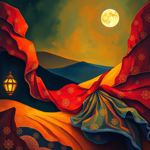 Arabian nights, vibrant colors, intricate patterns, gold accents, Henri Matisse, warm desert tones, graceful movement, rich textiles, cultural tapestry, surrealism, exotic elegance, moonlit sands, flowing fabrics, mystical allure, contemporary interpretation, shimmering heat, lush oasis, dynamic composition, sensual poise, atmospheric glow, dreamlike ambience