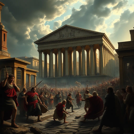 Visigoths, ancient Rome, chaotic cityscape, dramatic lighting, chiaroscuro, tumultuous emotions, historical drama, vivid storytelling, Alaric I, dark, somber tones, rubble and ruins, intricate detail, historical textiles, Renaissance influence, dynamic composition, expressive brushwork, historical artifacts, cultural collision, atmospheric tension, turbulent skies, Baroque intensity, rich textures, epic scale, classical architecture, aura of desolation, historical narrative, monumental scale, layers of history, pathos and loss