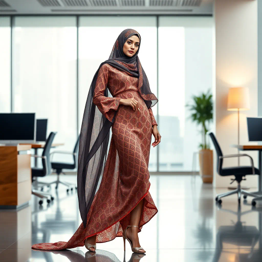 Arab woman, elegant hijab, professional setting, modern workplace, high heels, Middle Eastern culture, contemporary art, intricate patterns, vibrant colors, soft lighting, dynamic pose, cultural expression, delicate fabrics, office environment, confident demeanor, sophisticated fashion, grace and poise, diverse representation, cultural fusion, empowerment, modernism, Impressionism influences, human form, balance and harmony, Jean-Michel Basquiat inspiration, vibrant brushstrokes, Henri Matisse color palette, delicate textures, fluid movement, artistic elegance, cultural symbolism, refined composition, elegance and sophistication, bold patterns